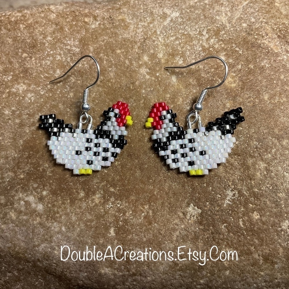 Black and White Chicken Beaded Earrings, New, Handmade by Me